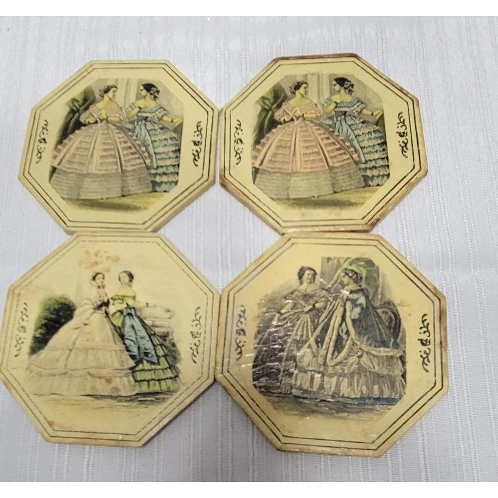 Coaster Set Vintage Victorian Fashion with Black Metal Caddy Octagon Shape